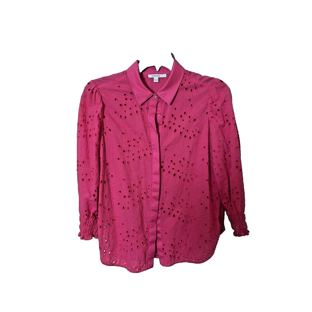 CHICO'S Women's Kalmia Pink Smocked Sleeve Eyelet Button Up Shirt Size 8